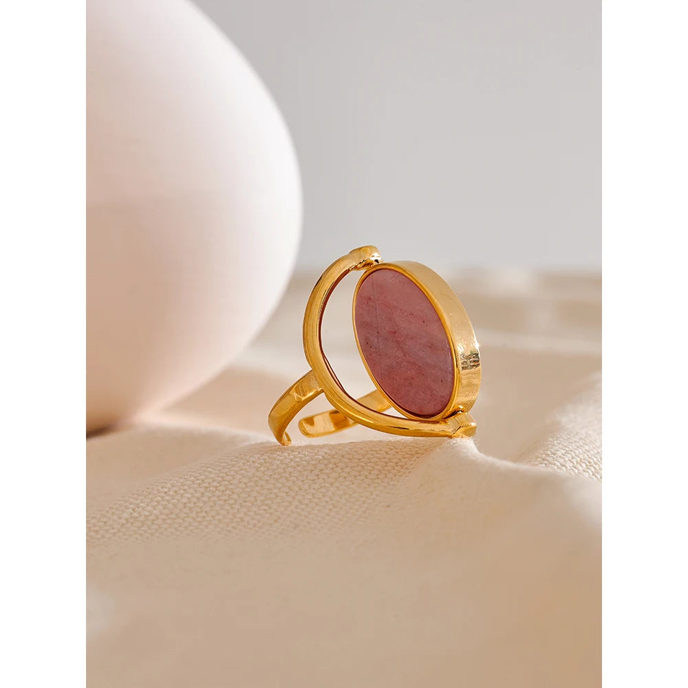 Yhpup Exclusive Natural Stone Shell Rotatable Open Ring France Exquisite Stainless Steel Unique Jewelry for Fashionable Women - YDKM