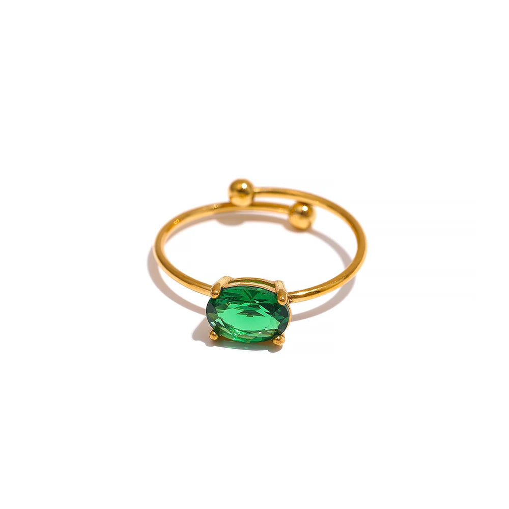 Yhpup Tarnish Free Chic White Green Cubic Zirconia Adjustable Stainless Steel Ring 18k Gold Plated Finger Jewelry Korean Women - YDKM