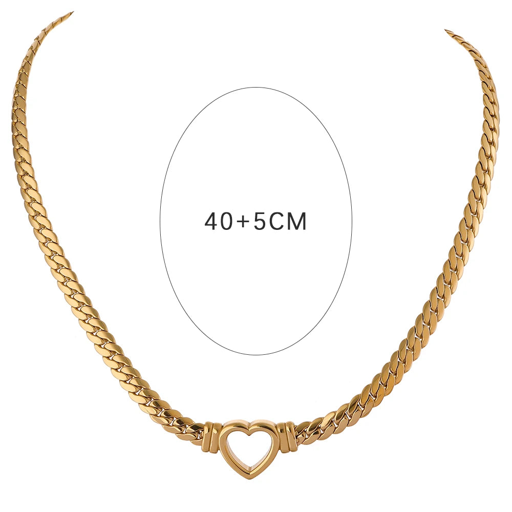 Yhpup Heart Chain Necklace Stainless Steel for Women Fashion Metal Texture Flat Collar Waterproof Necklace Girlfriend Gift - YDKM