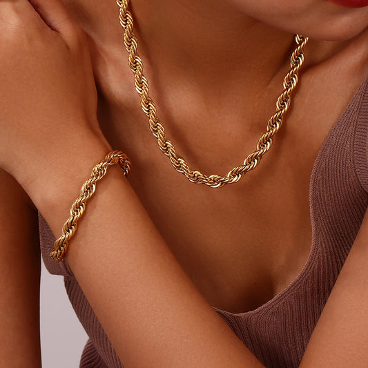 2022 New Tarnish Free Stainless Steel 18K Gold Plated Women's 8mm Chunky Twisted Rope Chain Necklace Trendy Gold Bracelet - YDKM