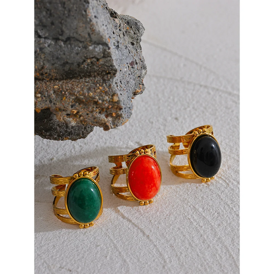 Yhpup Red Black Green Stone Stainless Steel Open Adjustable Popular Fashion Ring Gold Plated Waterproof Women Jewelry Gala Gift - YDKM