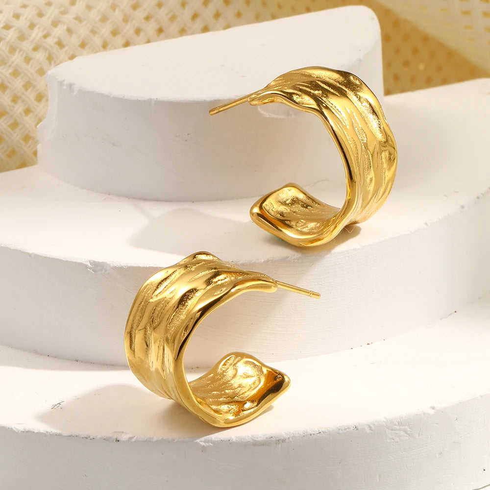 E.B.belle 2024Trendy Tin Foil Wide Gold Plated Hoop Earrings For Women Titanium Steel Ladies Minimalist Basic Gold Hoops Jewelry - YDKM