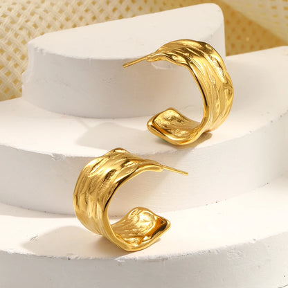 E.B.belle 2024Trendy Tin Foil Wide Gold Plated Hoop Earrings For Women Titanium Steel Ladies Minimalist Basic Gold Hoops Jewelry - YDKM