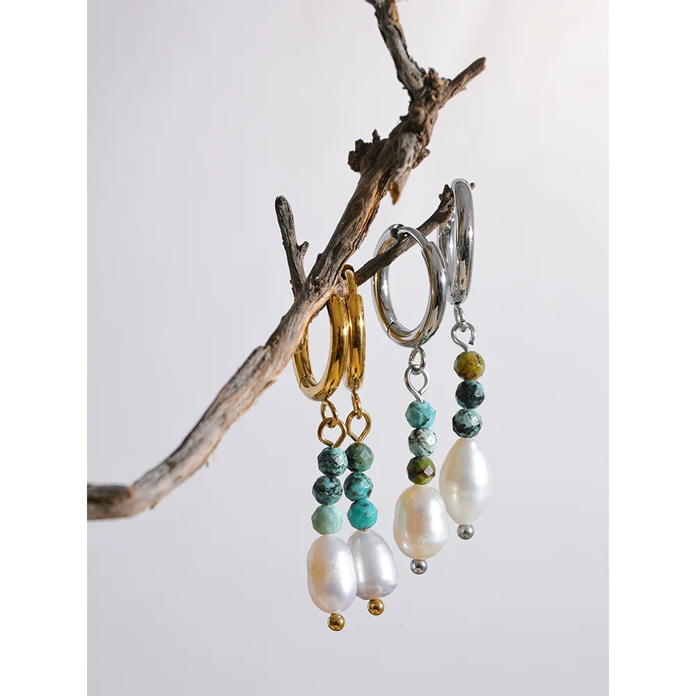Yhpup Exquisite Stainless Steel Natural Stone Freshwater Pearl Bead Drop Hoop Earrings Fashion Daily Handmade Jewelry Bijoux - YDKM