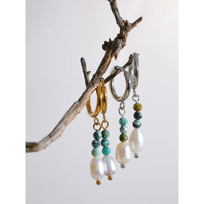 Yhpup Exquisite Stainless Steel Natural Stone Freshwater Pearl Bead Drop Hoop Earrings Fashion Daily Handmade Jewelry Bijoux - YDKM