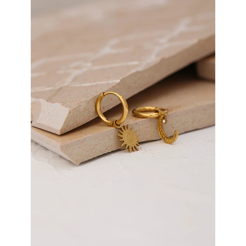 Yhpup Trendy Star Moon Asymmetry Drop Stainless Steel Gold Color Texture Hoop Earrings Statement Charm Jewelry for Women Gift - YDKM