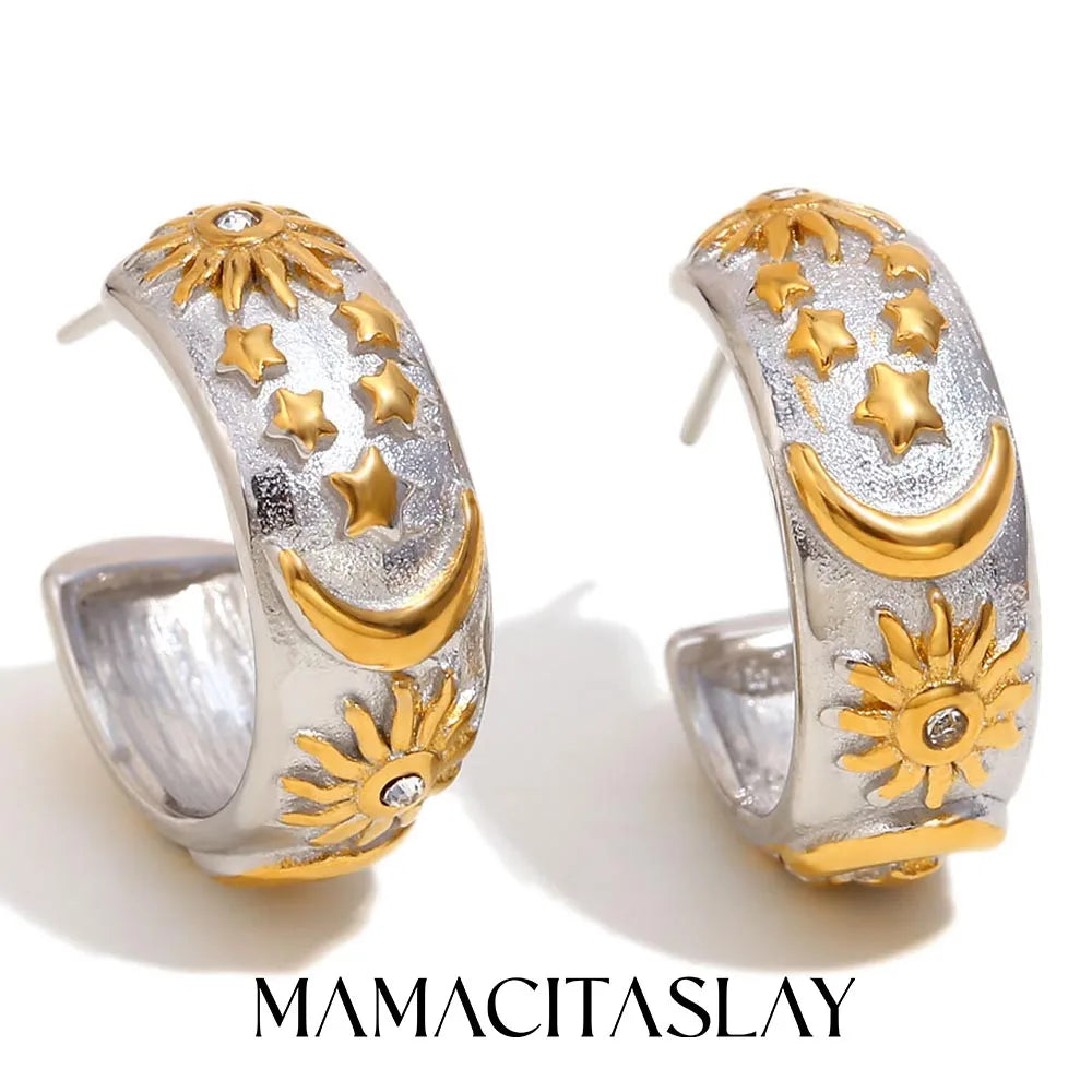 MamacitaSlay Stainless Steel 18K Gold Plated Zircon Sun Moon Star Earrings Party Trend Mixed Color Waterproof Jewelry Gift - YDKM