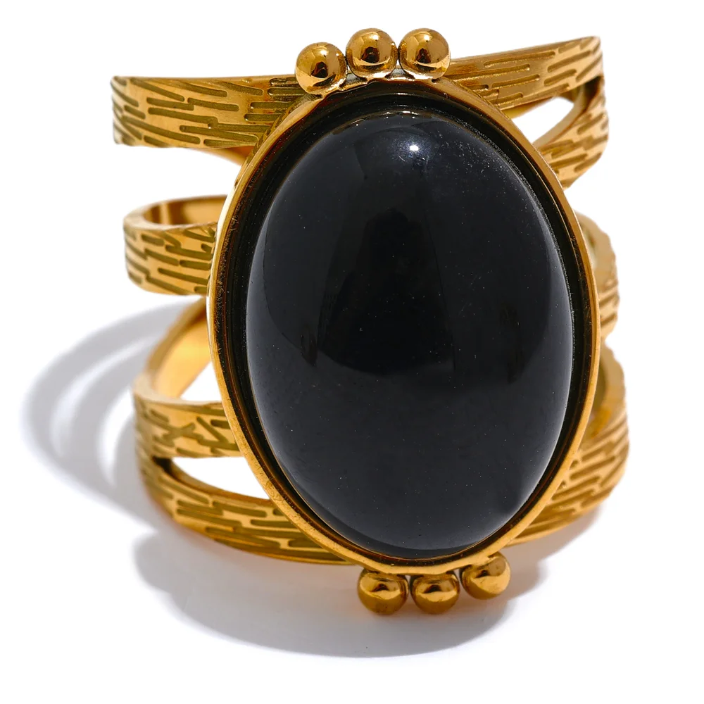 Yhpup Red Black Green Stone Stainless Steel Open Adjustable Popular Fashion Ring Gold Plated Waterproof Women Jewelry Gala Gift - YDKM