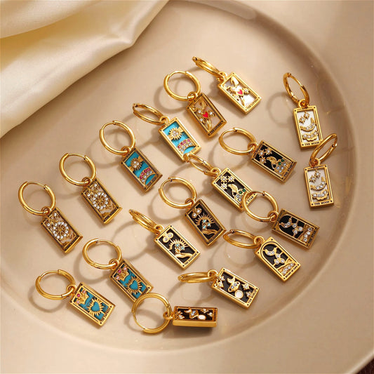 New Tarot Cards Chunky Hoop Earrings for Women Stainless Steel Original Tarot Queen Lover Magician Moon Drop Earrings Jewelry - YDKM