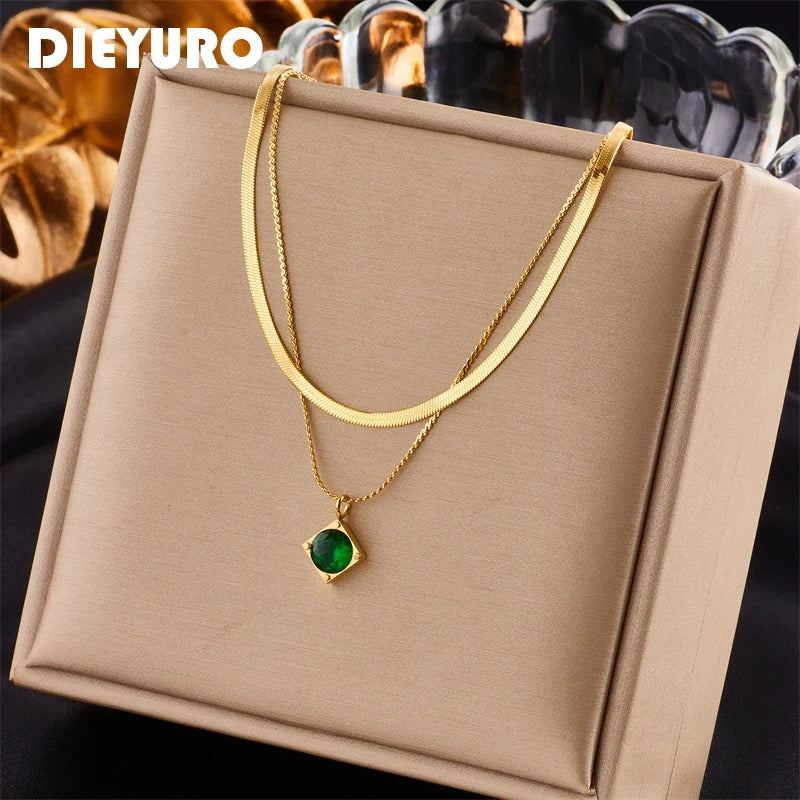 DIEYURO 316L Stainless Steel Green Zircon Pendant Necklace For Women Fashion Luxury Gold Color 2in1 Chain Girl Neck Jewelry Gift - YDKM