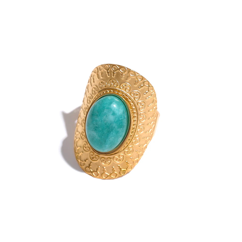 Yhpup Stainless Steel Natural Stone Pink Green Turquoise Hyperbolic Ring Women Bohemian Stylish Adjustable Big Summer Jewelry - YDKM