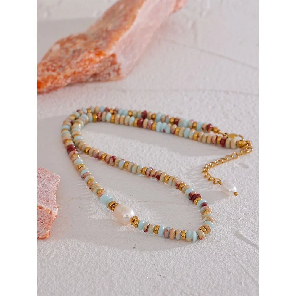 Yhpup Trendy Natural Stone Freshwater Pearl Collar Chain Necklace Stainless Steel Handmade Stylish Beads Jewelry Bijoux Gift - YDKM