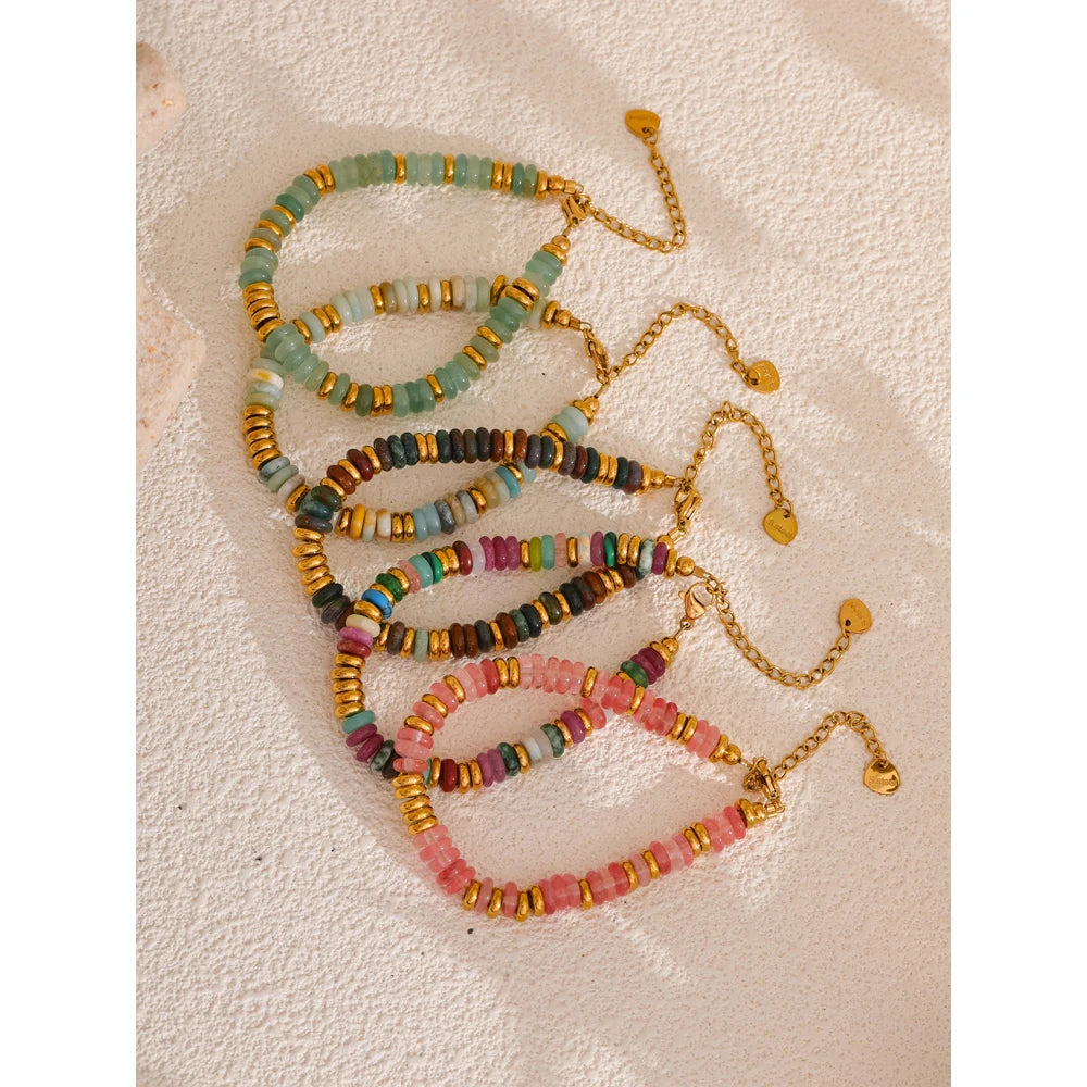 Yhpup Colorful Natural Stone Beads Chain Handmade Bracelet Bangle Waterproof Bohemia Stainless Steel Y2K Trendy Jewelry Gift - YDKM