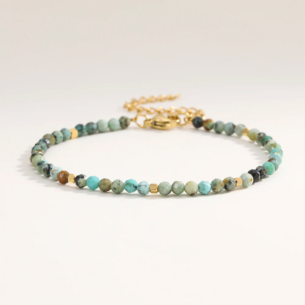 3mm Faceted African Turquoise Nature Stone Beaded Bracelet For Women With 18k gold plated Stainless Steel Square Beads Jewelry - YDKM