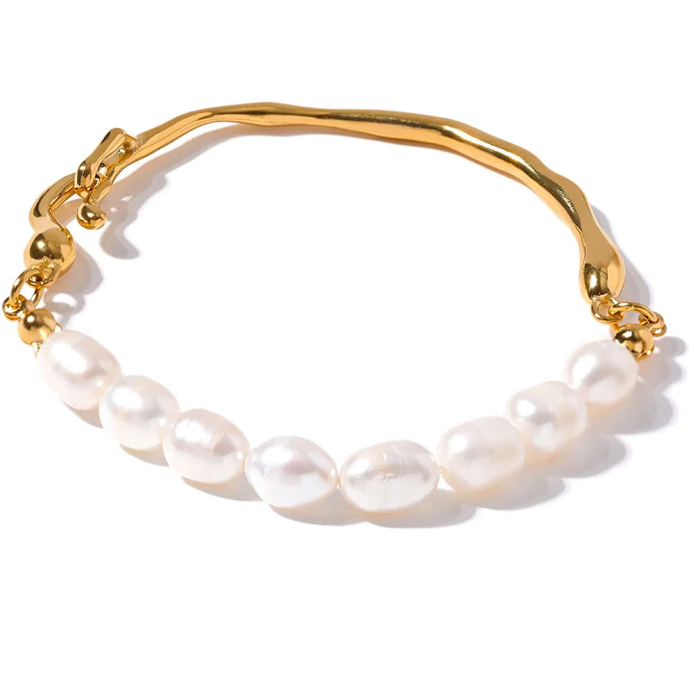 Yhpup Luxury Natural Freshwater Pearls Stainless Steel 18k Gold Color Bracelet Bangle Temperament Fashion Jewelry Women New Gift - YDKM