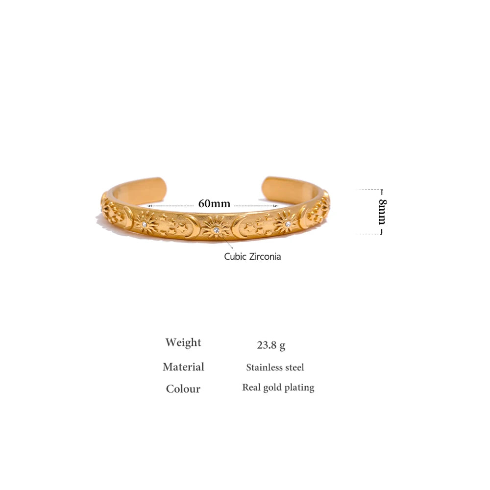 Yhpup Golden Stainless Steel Moon Star Sun Bangle Bracelet  Stylish Metal Open Wrist браслеты на руку женкие Party Gift - YDKM