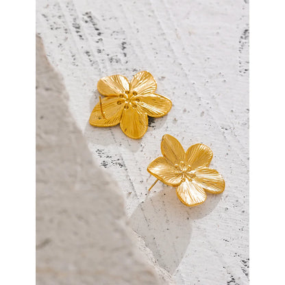 Yhpup Tarnish Free Vintage Gold Color Stainless Steel Flower Metal Stud Earrings for Women Individual Stylish Trendy Jewelry - YDKM
