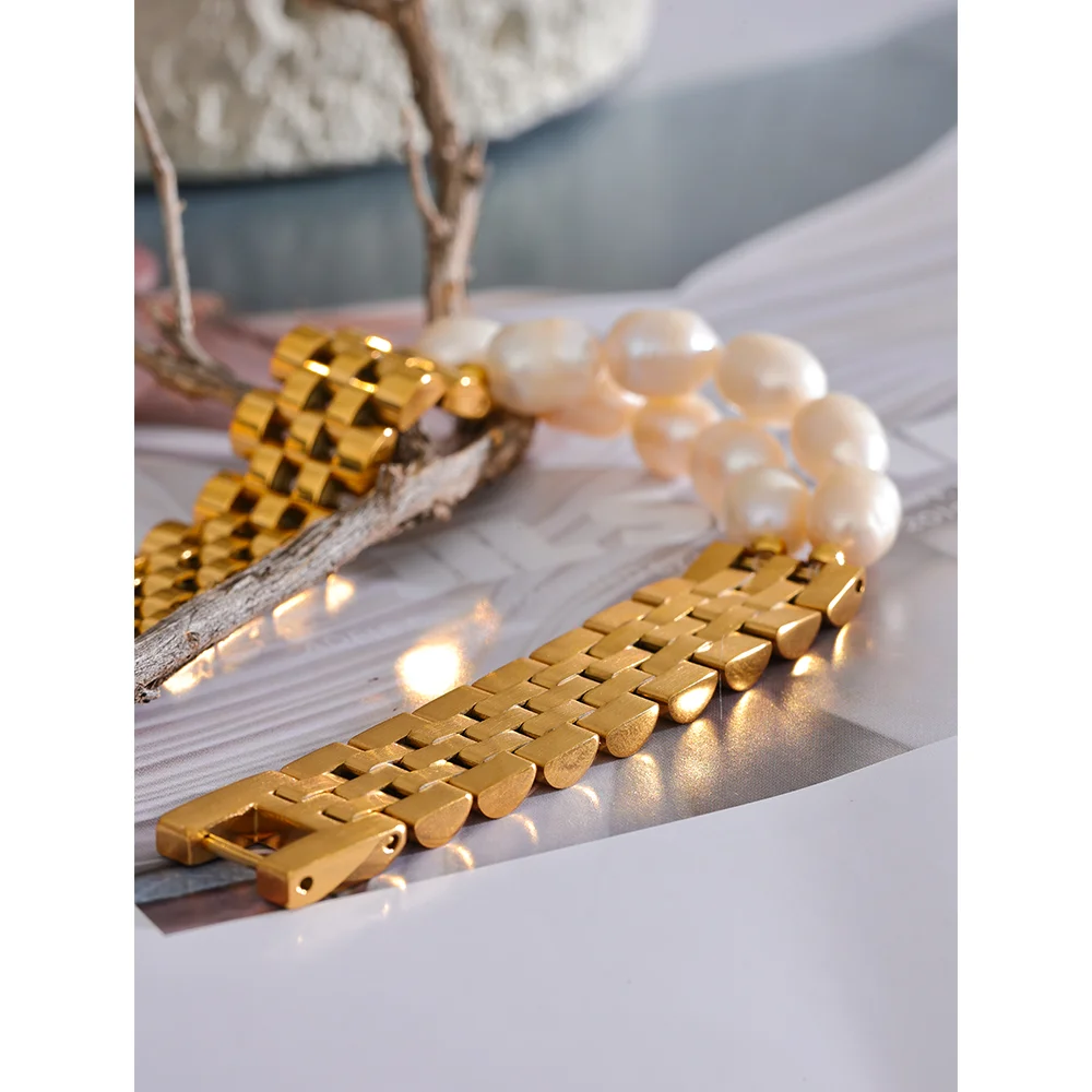 Yhpup Luxury Natural Pearls Cuban Chain 316L Stainless Steel Bracelet Bangle High Quality Women Gold Color Premium Jewelry Gift - YDKM