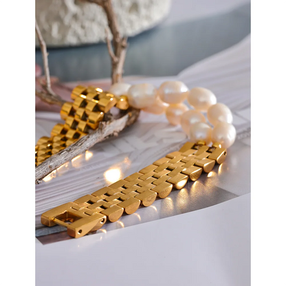 Yhpup Luxury Natural Pearls Cuban Chain 316L Stainless Steel Bracelet Bangle High Quality Women Gold Color Premium Jewelry Gift - YDKM