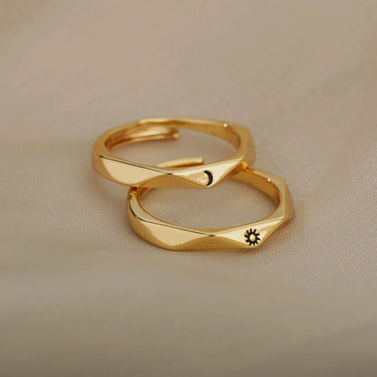 2PC Exquisite Cubic Zirconic Sun Moon Ring Set For Women Men Gold Color Stainless Steel Moon Sun Ring Couple Jewelry Gift - YDKM