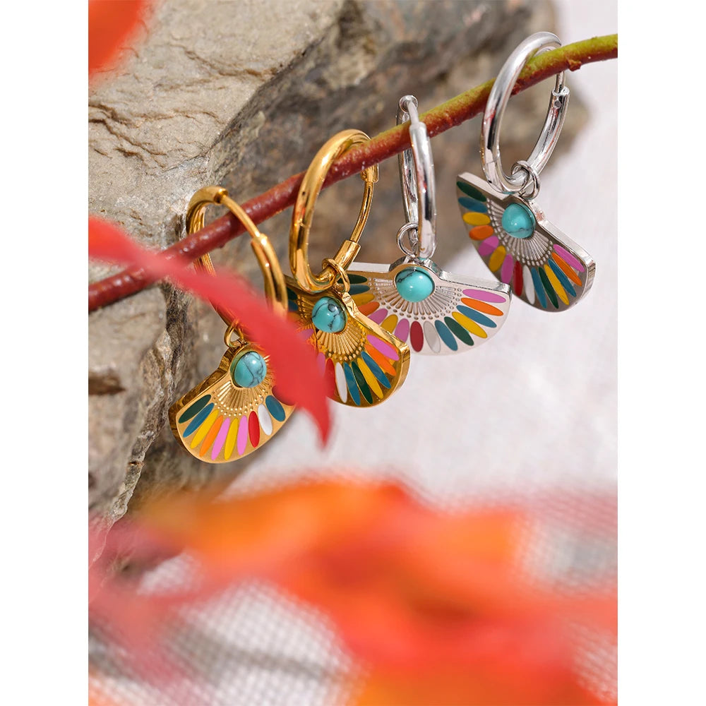 Yhpup Y2K Colorful Enamel Stainless Steel Fan Geometric Bohemian Rainbow Drop Hoop Earrings Women Trendy Fashion Charm Jewelry - YDKM