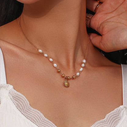Freshwater Pearl Gold Color Beads Chain Stainless Steel Necklace Optimistic Sun Pendant Necklace For Woman Christmas Gift - YDKM