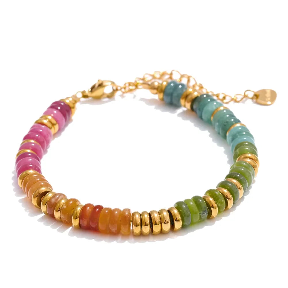 Yhpup Colorful Natural Stone Beads Chain Handmade Bracelet Bangle Waterproof Bohemia Stainless Steel Y2K Trendy Jewelry Gift - YDKM