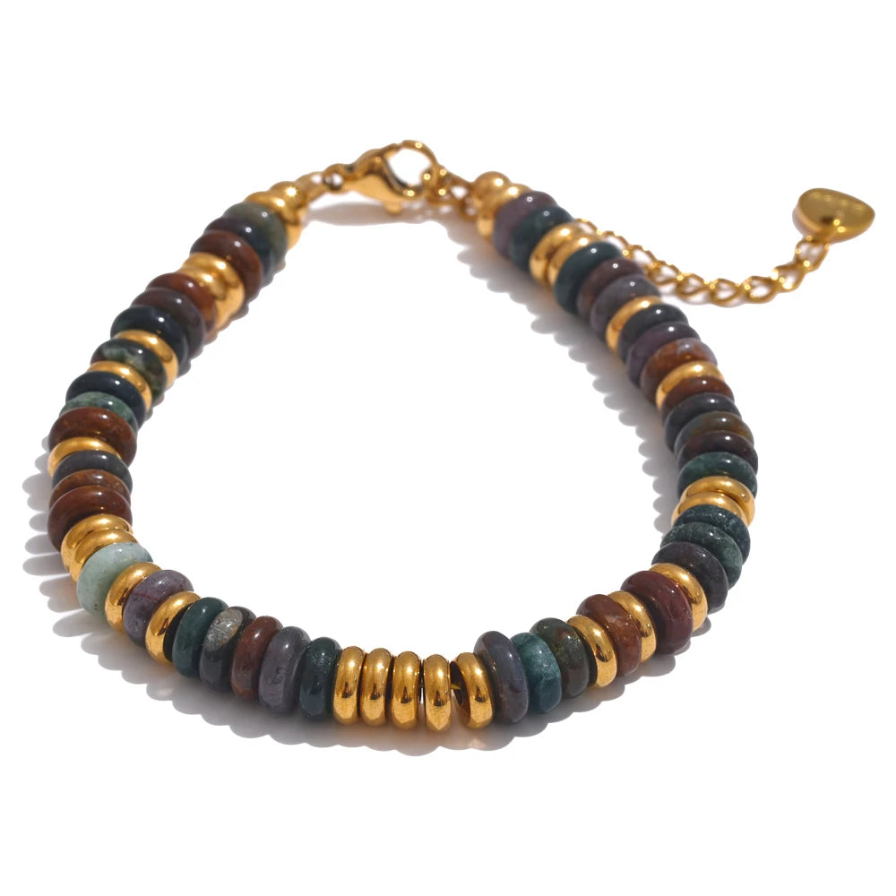 Yhpup Colorful Natural Stone Beads Chain Handmade Bracelet Bangle Waterproof Bohemia Stainless Steel Y2K Trendy Jewelry Gift - YDKM