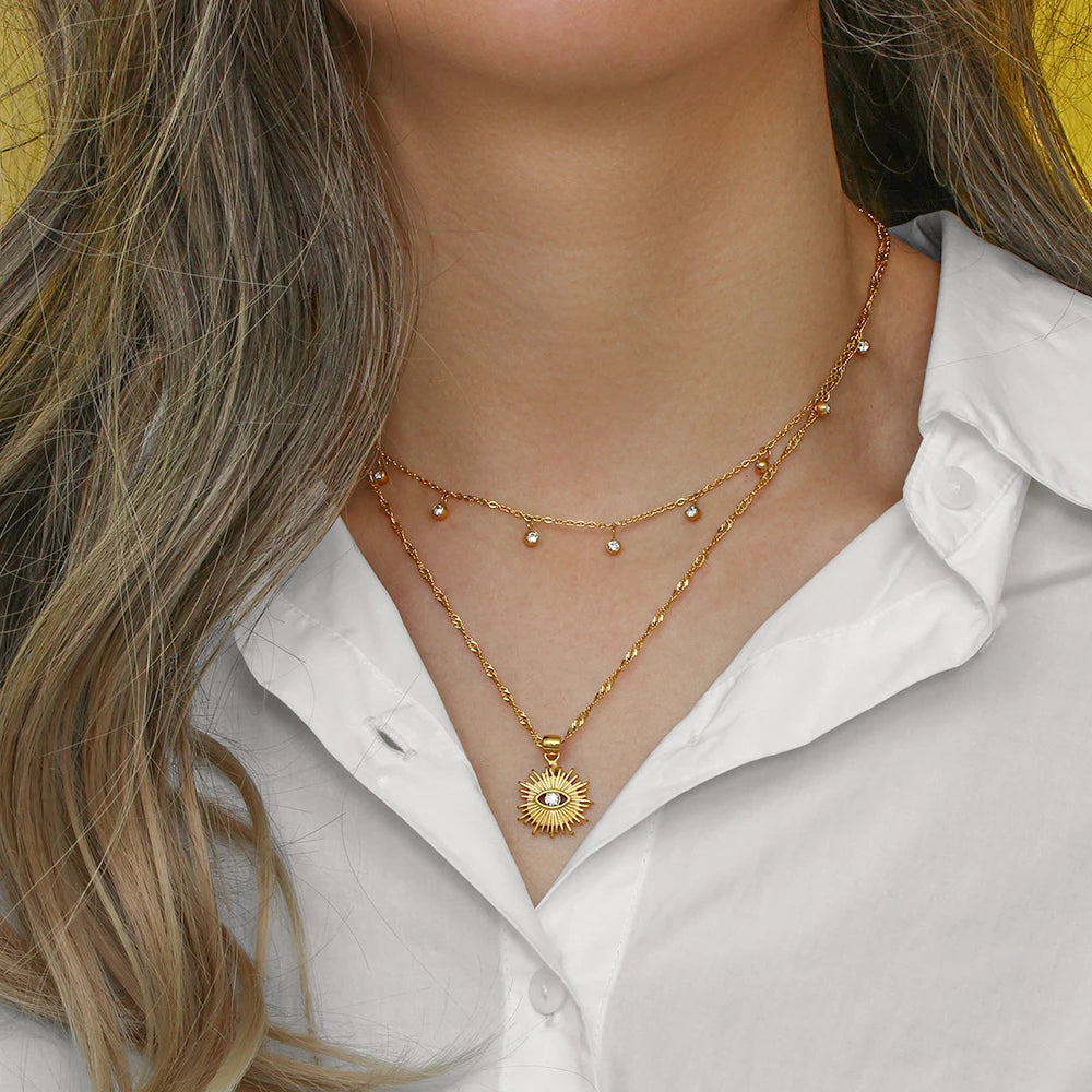 Stainless Steel Creative Sunlight Zirconia Evil Eye Pendant Necklaces - YDKM
