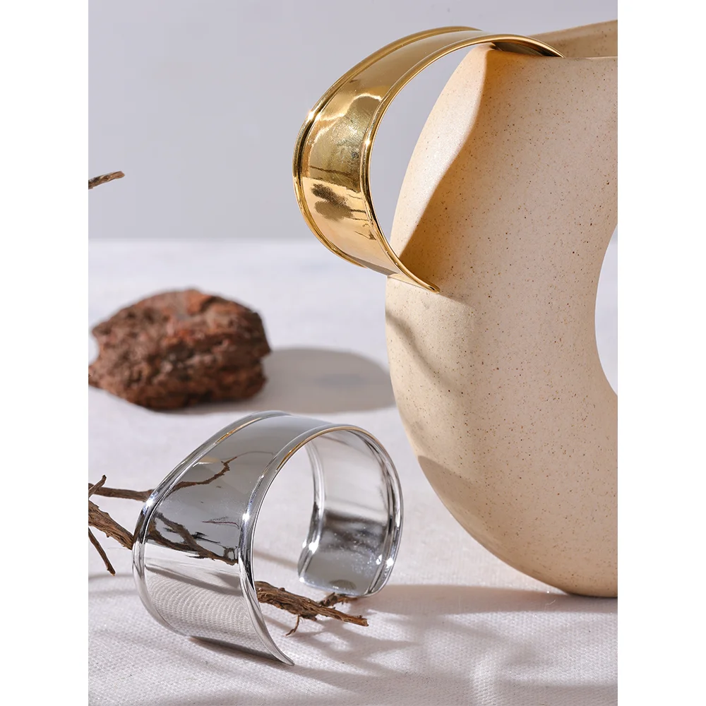 Yhpup High Quality Stainless Steel Metal Wide Cuff Open Bracelet Bangle Waterproof Texture Personalized Unisex Jewelry Bijoux - YDKM