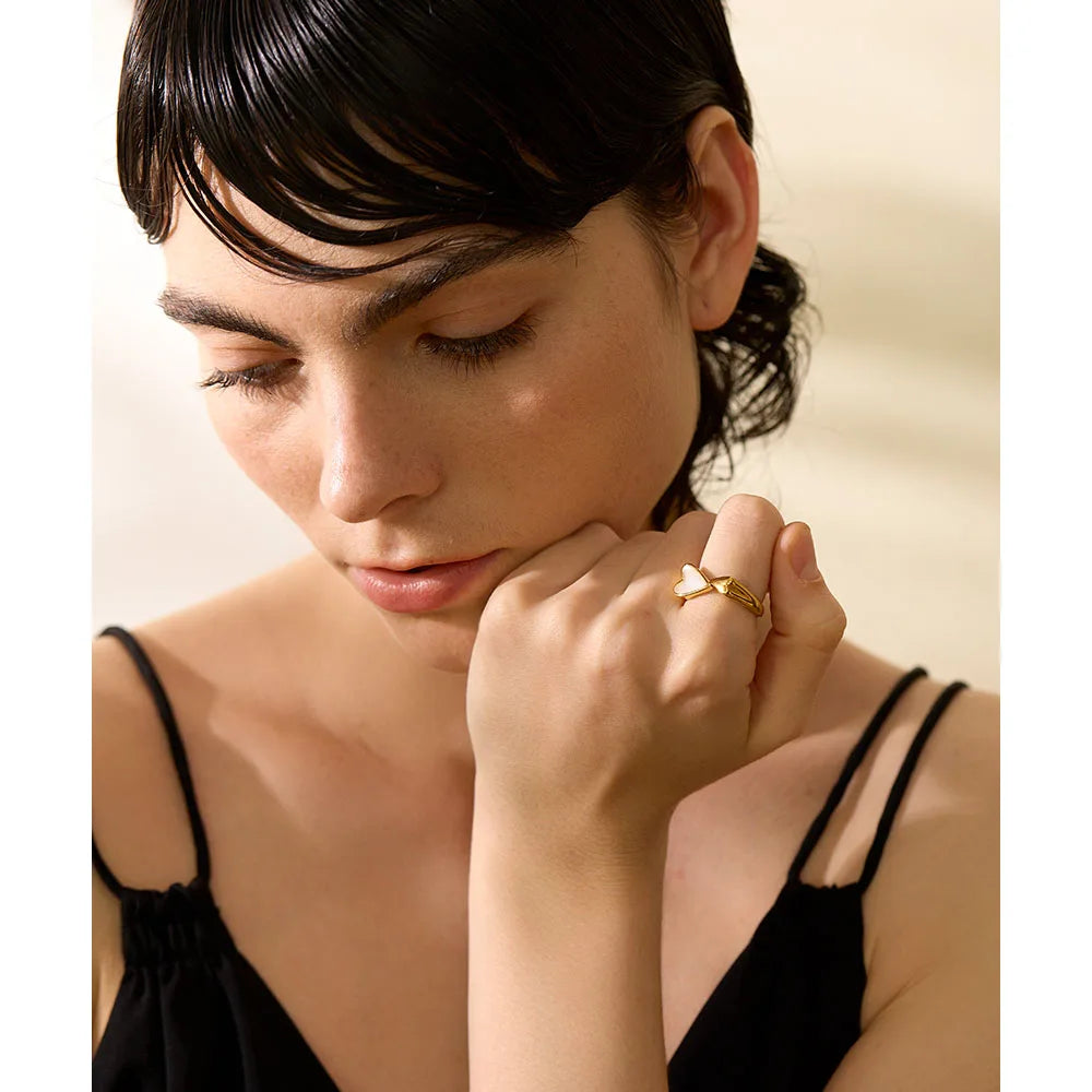 Yhpup Shell Acrylic Heart Stainless Steel Stylish Ring for Women Charms Metal Texture Waterproof Golden Jewelry Gala Gift - YDKM