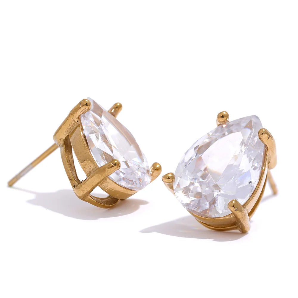 Yhpup Shinny AAA Cubic Zirconia Stainless Steel Water Drop Stud Earrings Women 18k Gold Plated Waterproof Fashion Bling Jewelry - YDKM