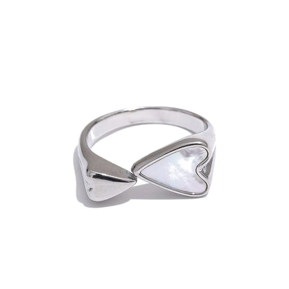 Yhpup Shell Acrylic Heart Stainless Steel Stylish Ring for Women Charms Metal Texture Waterproof Golden Jewelry Gala Gift - YDKM