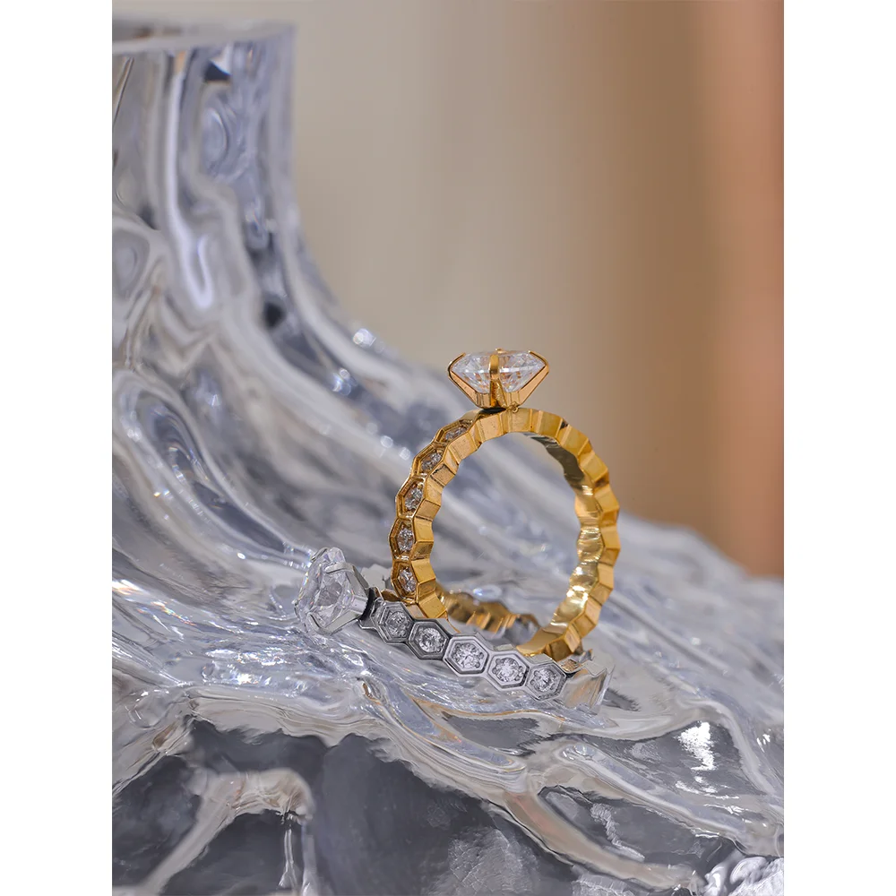 Yhpup Luxury AAA Bling Cubic Zirconia Classic Ring 2024 Stainless Steel CZ 18k Gold PVD Plated Fashion Exquisite Jewelry Gift - YDKM