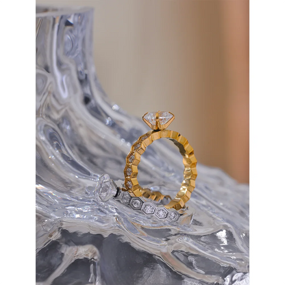Yhpup Luxury AAA Bling Cubic Zirconia Classic Ring 2024 Stainless Steel CZ 18k Gold PVD Plated Fashion Exquisite Jewelry Gift - YDKM