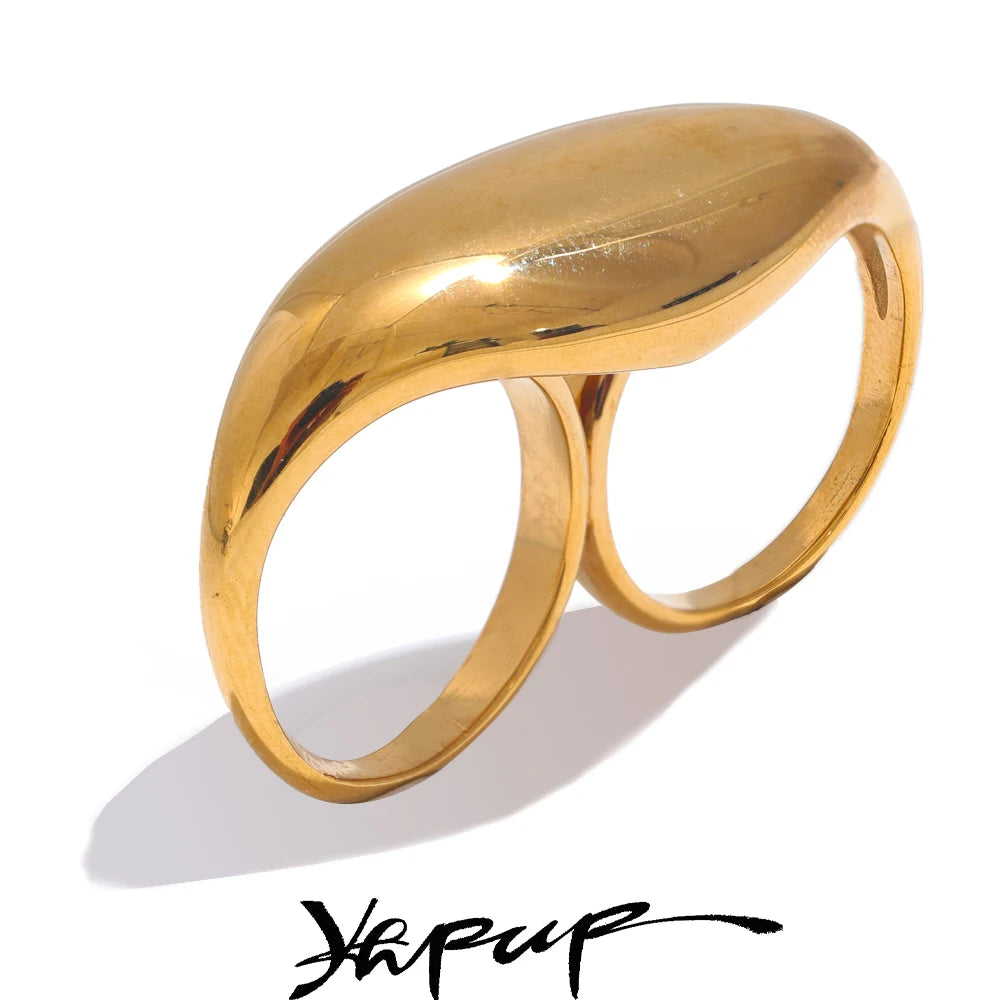 Yhpup 2024 Stainless Steel Metal Double Finger Geometric Ring Personality Rust Proof Attractive Big Exaggerated Jewelry Gift - YDKM