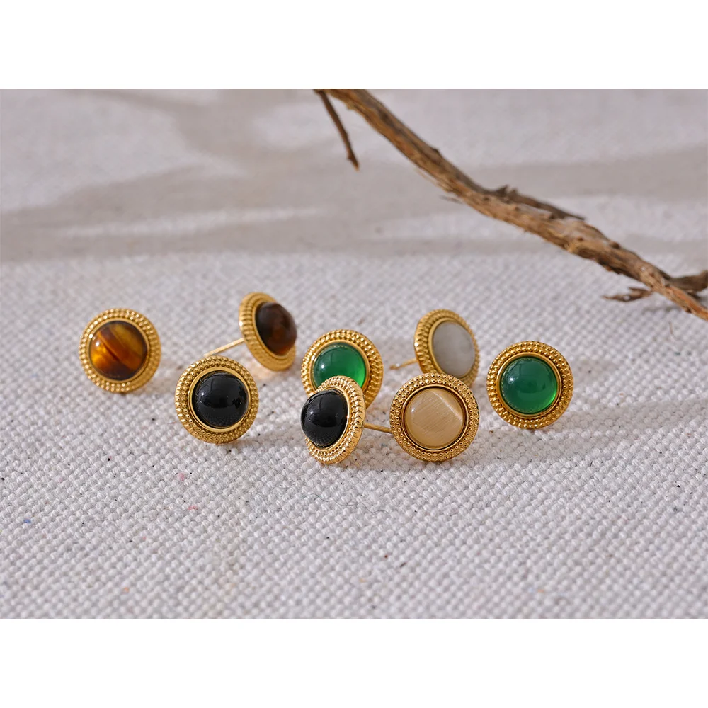 Yhpup Exquisite Natural Stone Stainless Steel Round Small Stud Earrings Waterproof Trendy High Quality Daily Jewelry Bijoux - YDKM