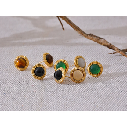 Yhpup Exquisite Natural Stone Stainless Steel Round Small Stud Earrings Waterproof Trendy High Quality Daily Jewelry Bijoux - YDKM