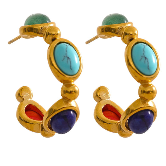 Yhpup 316l Stainless Steel Natural Stone Vintage Colorful Hoop Earrings PVD 18k Plated High Quality Fashion Jewelry for Women - YDKM
