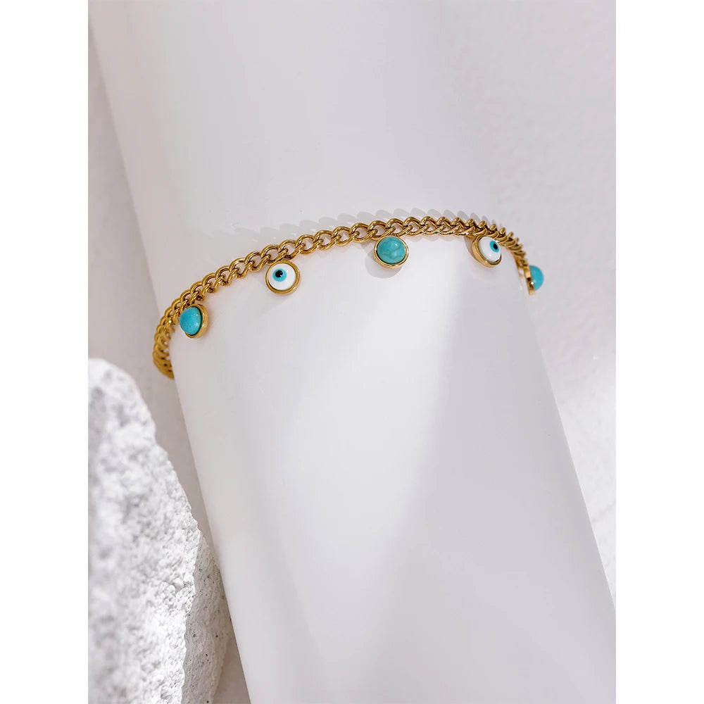 Yhpup Stainless Steel Turquoise Stone Resin Eye Charm Fashion Bracelet Bangle Golden Daily Trendy Jewelry for Female Браслет - YDKM