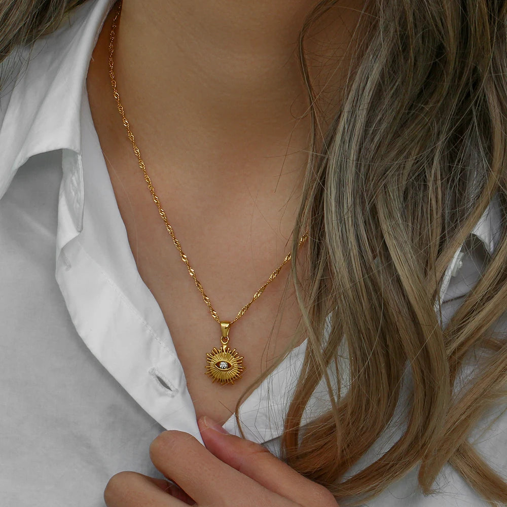 Stainless Steel Creative Sunlight Zirconia Evil Eye Pendant Necklaces - YDKM