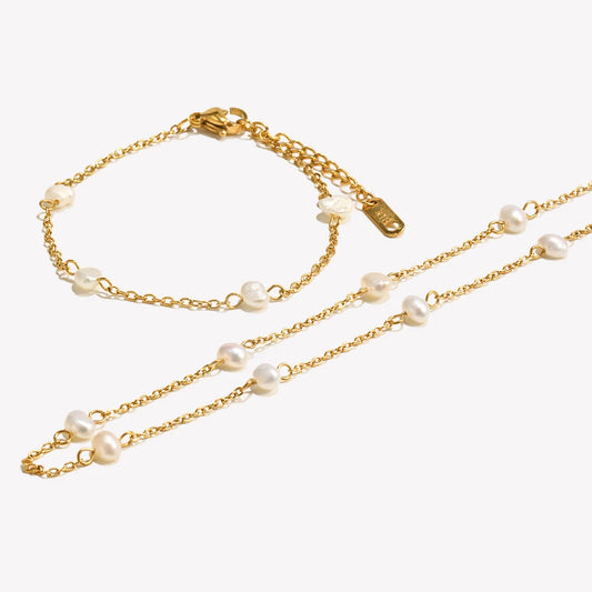 E.B.belle Anti-allergy Stainless Steel Chain Freshwater Pearl Chain Necklace Bracelets For Women Gold Plated Jewelry Set - YDKM