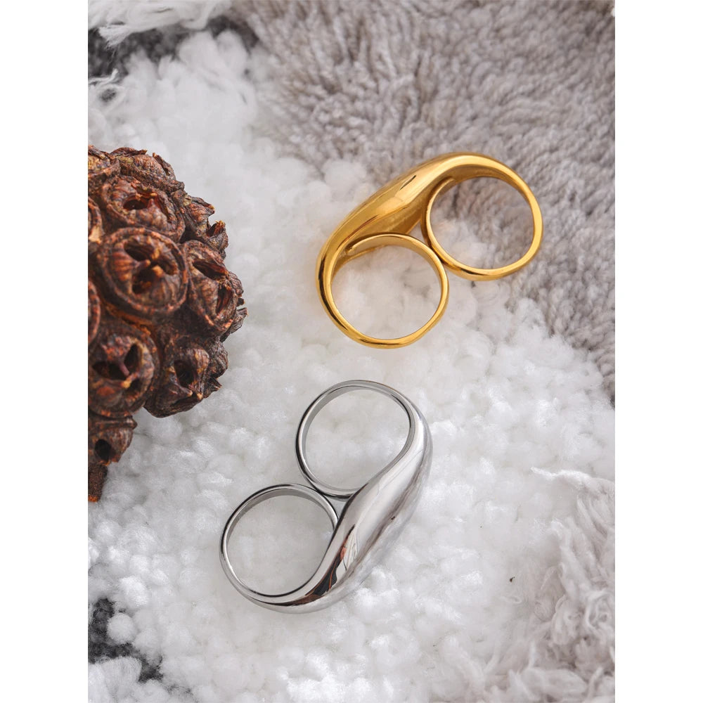 Yhpup 2024 Stainless Steel Metal Double Finger Geometric Ring Personality Rust Proof Attractive Big Exaggerated Jewelry Gift - YDKM