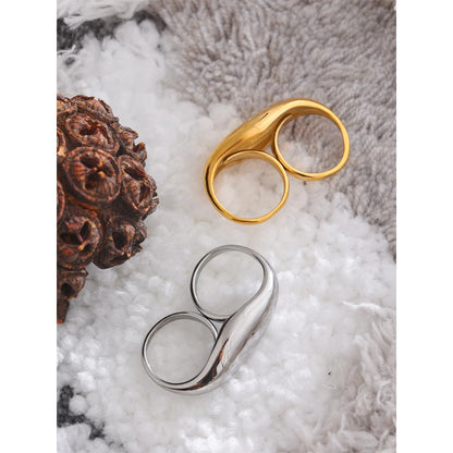 Yhpup 2024 Stainless Steel Metal Double Finger Geometric Ring Personality Rust Proof Attractive Big Exaggerated Jewelry Gift - YDKM