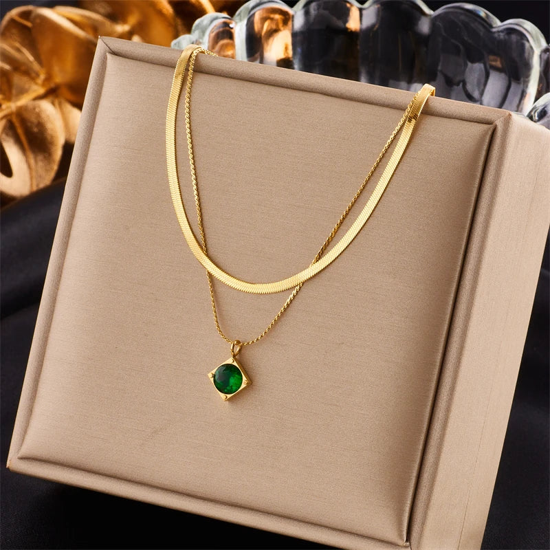 DIEYURO 316L Stainless Steel Green Zircon Pendant Necklace For Women Fashion Luxury Gold Color 2in1 Chain Girl Neck Jewelry Gift - YDKM