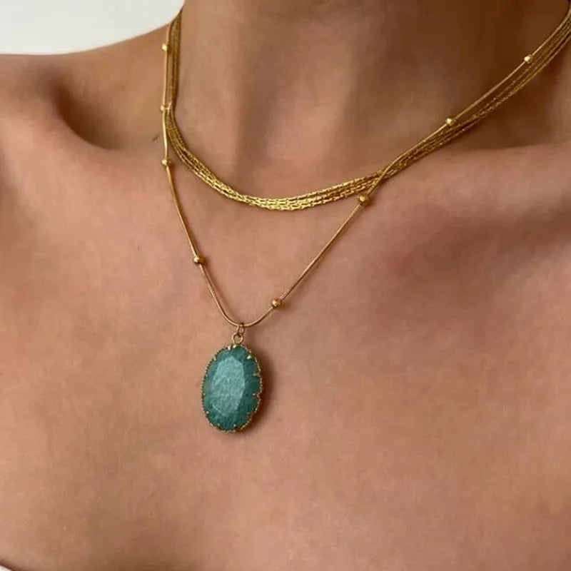 Green pink oval big stone pendant necklaces stainless steel necklaces for women summer holiday waterproof jewelry 2024new in - YDKM