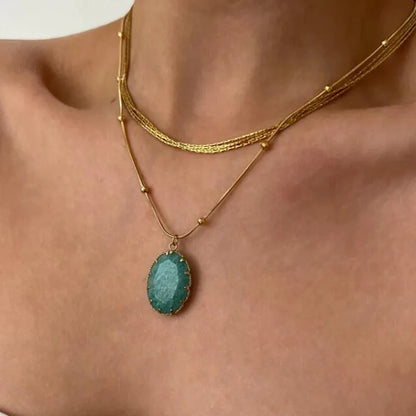 Green pink oval big stone pendant necklaces stainless steel necklaces for women summer holiday waterproof jewelry 2024new in - YDKM