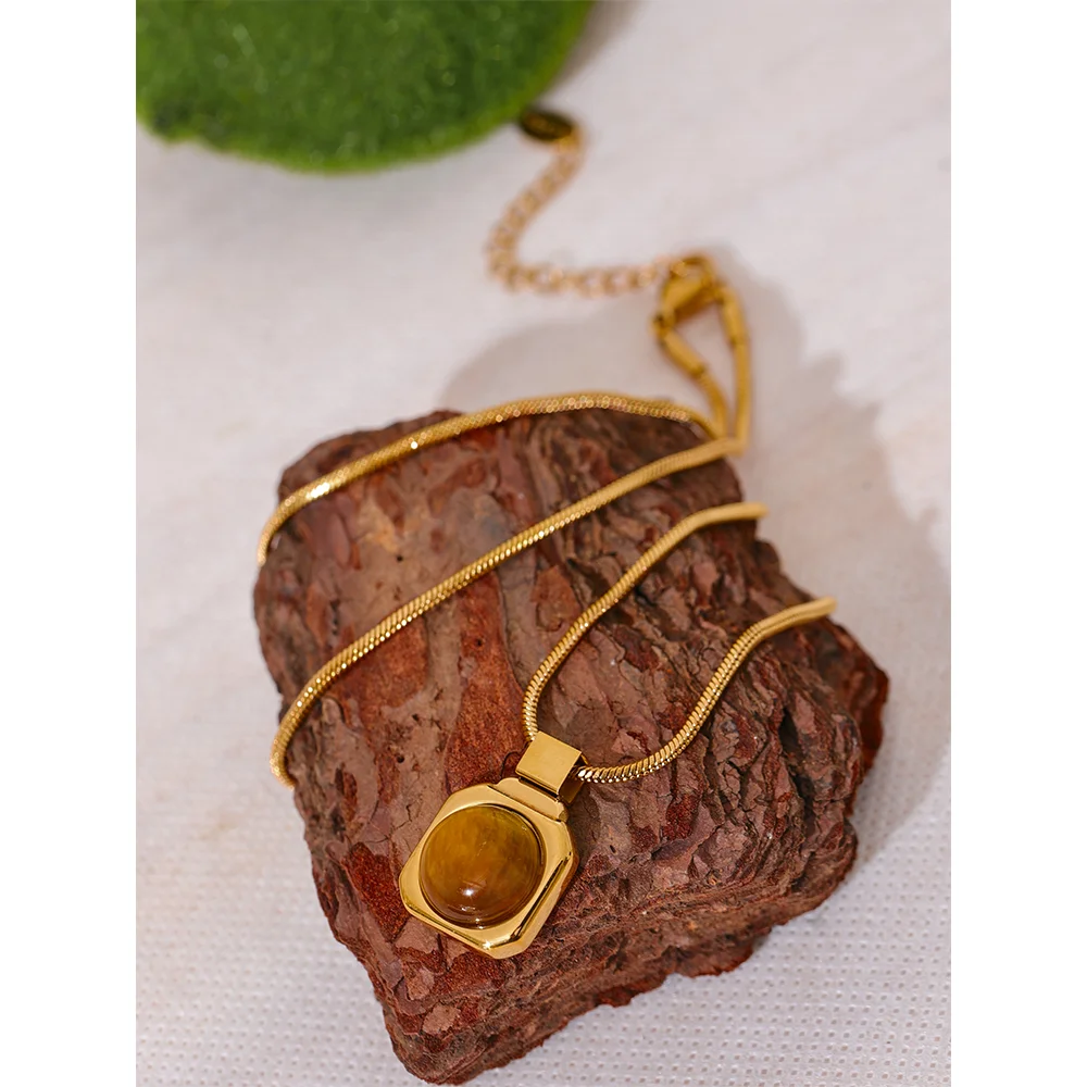 Yhpup High Quality Natural Tiger Stone Square Pendant Necklace Rust Proof Gold Color Fashion Collar Versatile Jewelry Gift - YDKM