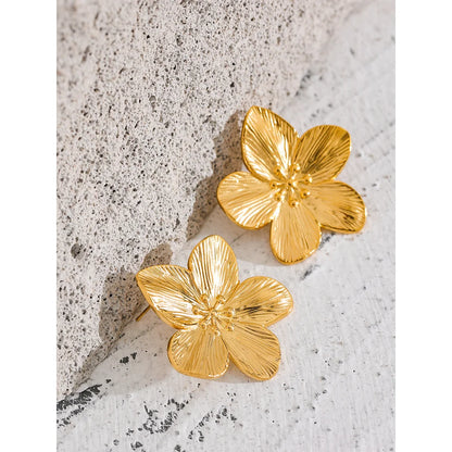 Yhpup Tarnish Free Vintage Gold Color Stainless Steel Flower Metal Stud Earrings for Women Individual Stylish Trendy Jewelry - YDKM