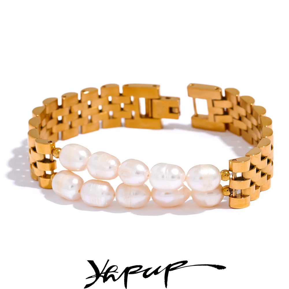 Yhpup Luxury Natural Pearls Cuban Chain 316L Stainless Steel Bracelet Bangle High Quality Women Gold Color Premium Jewelry Gift - YDKM